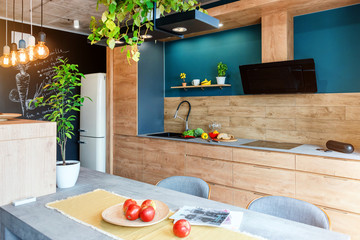 Modern furniture in luxury kitchen. Minimalist scandinavian interior in loft apartment with wooden furniture, lamps, concrete elements and plants