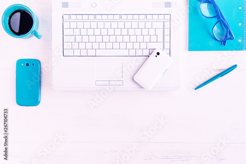 White Office Desk Table Top View Flat Lay Modern Desktop Well Organized With Laptop Mobile Phone