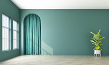 Modern Memphis Interior With Green Wall And Green Curtain Behide Arch. 3d Rendering