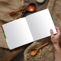 Mockup of restaurant cafe menu book on wood boards. Rustic style