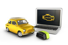 Car diagnostic concept Close up of laptop with OBD2 wireless scanner and retro car on white background 3d illustration