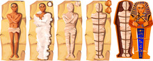 Mummy Creation Cartoon Vector Illustration. Stages Of Mummification Process, Embalming Dead Body, Wrapping It With Cloth And Placing In Egyptian Sarcophagus. Traditions Of Ancient Egypt, Cult Of Dead
