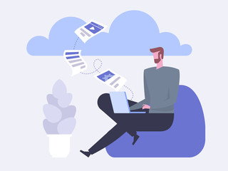 Poster - Cloud Backup. Man with laptop. Network cloud service.