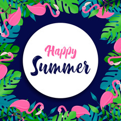 Wall Mural - Happy Summer card of flamingo and tropical plant