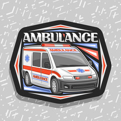 vector logo for ambulance, black decorative badge with white van for emergency with red alarm flashe