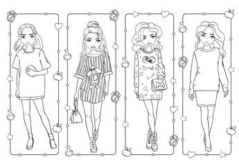 Wall Mural - Coloring Girls In Dresses With Cartoon Print