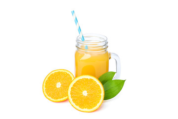 Glass jar with fresh orange juice and tubule, oranges with leaves isolated on white background. Fresh natural drink