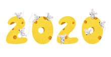 Bright Cheese 2020 Number With Funny Mouses. Cute Bold Colored Tasty Element For Design White Isolated
