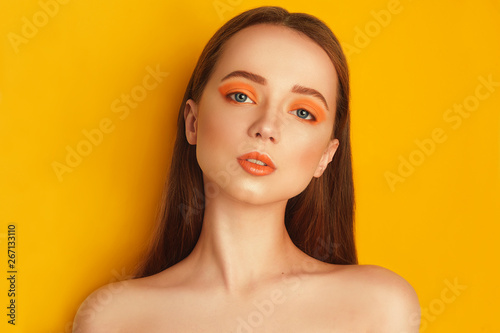 Beauty Model Girl With Yellow Orange Professional Makeup Orange