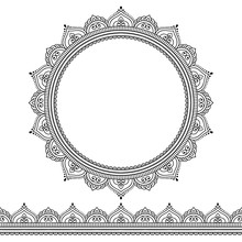 Set Of Seamless Borders And Circular Ornament In Form Of Frame For Design, Application Of Henna, Mehndi, Tattoo And Print. Decorative Pattern In Ethnic Oriental Style.