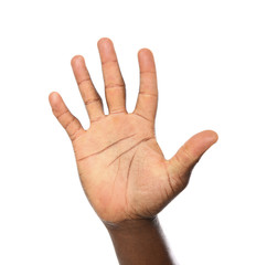 Wall Mural - African-American man showing hand gesture on white background, closeup