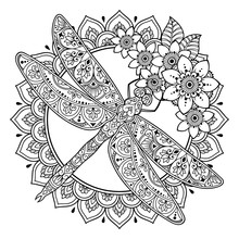 Circular Pattern In Form Of Mandala With Dragonfly And Flower For Henna, Mehndi, Tattoo, Decoration. Decorative Ornament In Ethnic Oriental Style. Frame In The Eastern Tradition.