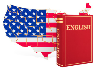 Poster - english language book with map of the united states, 3d rendering