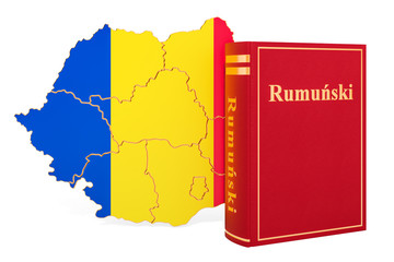 Poster - romanian language book with map of romania, 3d rendering