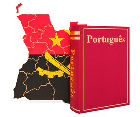 Poster - portuguese language book with map of angola, 3d rendering