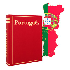 Poster - portuguese language book with map of portugal, 3d rendering