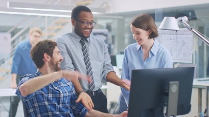 Poster - In Industrial Engineering Facility: Male Engineer Working on Desktop Computer, Female Chief Engineer and Project Manager Finish with the Project. They Smile, Joke and Celebrate Success with High Five