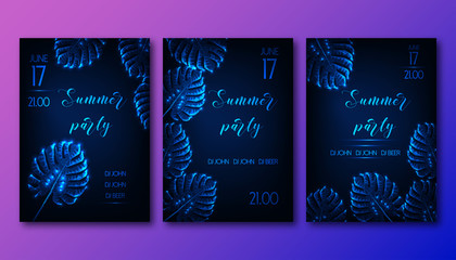 Wall Mural - Futuristic summer party flyers set with glow low polygonal monstera leaves on dark blue background.