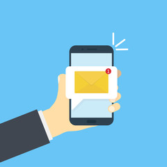 Poster - hand with smartphone with new message. sms icon or email application on blue background.