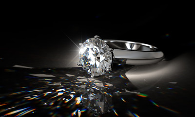 Wall Mural - Diamond engagement ring on black background with beautiful caustics rays