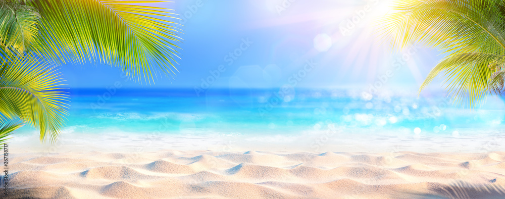 Sunny Tropical Beach With Palm Leaves And Paradise Island - obrazy, fototapety, plakaty 