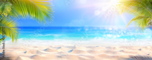 Doppelrollo mit Motiv - Sunny Tropical Beach With Palm Leaves And Paradise Island (von Romolo Tavani)