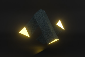 Wall Mural - 3d rendering, yellow glowing triangle pillar with dark background,