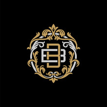 Initial Letter B And B, BB, Decorative Ornament Emblem Badge, Overlapping Monogram Logo, Elegant Luxury Silver Gold Color On Black Background