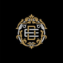 Initial Letter E And D, ED, DE, Decorative Ornament Emblem Badge, Overlapping Monogram Logo, Elegant Luxury Silver Gold Color On Black Background