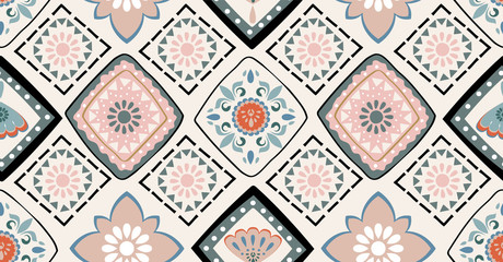 orange green black geometric seamless pattern in African style with square,tribal,circle shape