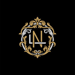 Wall Mural - Initial letter L and N, LN, NL, decorative ornament emblem badge, overlapping monogram logo, elegant luxury silver gold color on black background