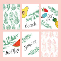  Set of summer labels with hand drawn elements.Fresh healthy food tropical collection, badges or labels vector template.Big set of summer hand drawn tags,cards,poster,banner for holiday,beach vacation.