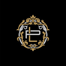 Initial Letter P And L, PL, LP, Decorative Ornament Emblem Badge, Overlapping Monogram Logo, Elegant Luxury Silver Gold Color On Black Background