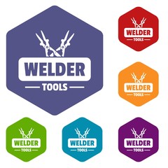 Poster - Welder work icons vector colorful hexahedron set collection isolated on white 