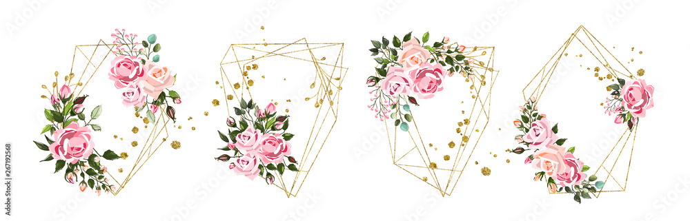 Wedding floral geometric triangular frame - obrazy, fototapety, plakaty 