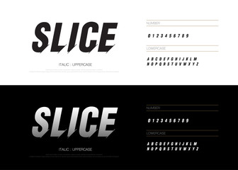 Aufkleber - Modern abstract font alphabet numbers italic set. Technology and sport split concept graphic element