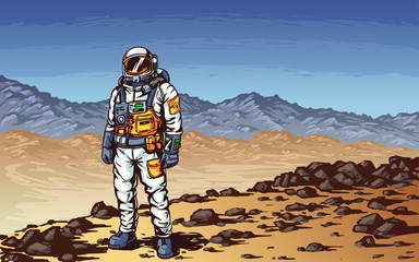 Astronaut standing on Mars. Desert landscape with mountains