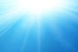 Fototapeta Niebo - Blue sky sun flare background. Clear summer nature, sunlight weather. Sunshine glare rays, lens. Light sunny spring season. White glow sunrise, sky heaven. Bright sparkle burst. Vector illustration