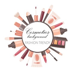 Wall Mural - Cosmetics background banner. Fashion trendy accessories vector illustration. Beauty products such as lipstick, eye shadows, mascara, nail polish, powder. Fashion shop or store.