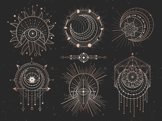 Wall Mural - Vector set of Sacred geometric symbols and half moon on black grunge background. Gold abstract mystic signs collection.