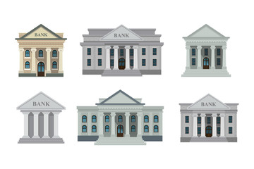 bank buildings icons set isolated on white background. front view of court house, bank, university o