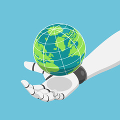 Poster - isometric robot hand holding the world or planet earth