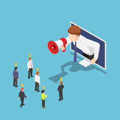 Poster - Isometric businessman come out from monitor and shout on megaphone to refer a friend
