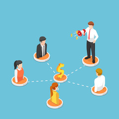 isometric businessman shout on megaphone with people on referral marketing network