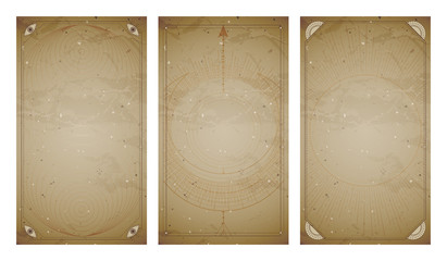 Wall Mural - .Vector set of three vintage backgrounds with geometric symbols and frames. Abstract geometric symbols and sacred mystic signs drawn in lines.