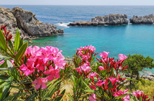 St Paul's Bay Lindos ,Rhodes/Greece May 6 2019 : The Flowers And The Magical Sea Of This Island An Ultimate Destination For Vacation In The Historic Village.