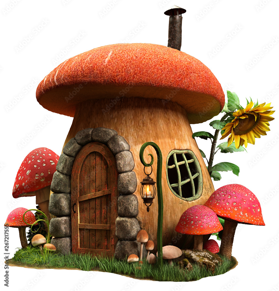 Mushroom house and sunflower 3D illustration