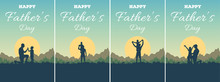 Set Of Greeting Card With Lettering Happy Father's Day And Silhouette Of Father And Son On Background Of Adventure Landscape With Mountains, Forest, Sun And Sky. Dad And Child In Nature At Sunset.