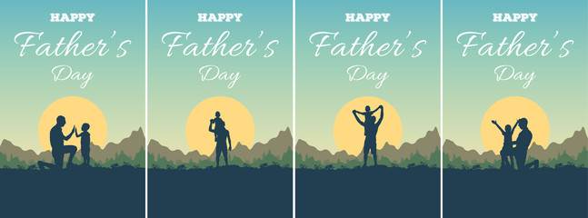 Set of greeting card with lettering Happy Father's Day and silhouette of father and son on background of adventure landscape with mountains, forest, sun and sky. Dad and child in nature at sunset.