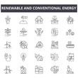 Renewable and conventional energy line icons, signs, vector set, outline concept, linear illustration